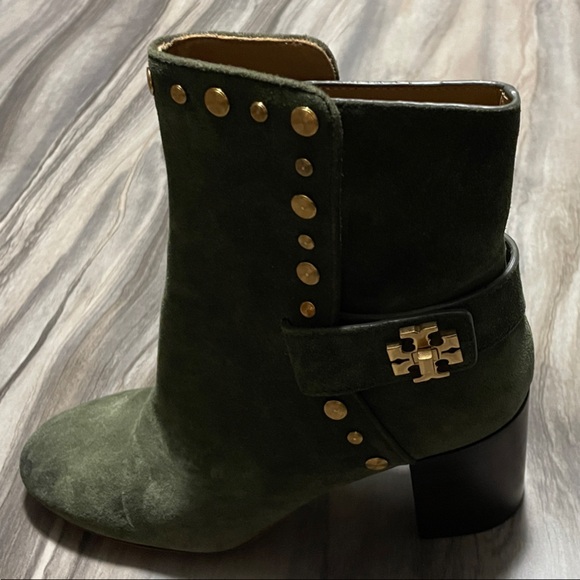 Tory Burch Shoes - Tory Burch Green Suede Ankle Boots with Gold Studs